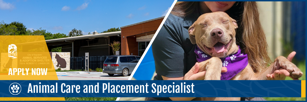 Apply now. Animal Care and Placement Specialist banner.